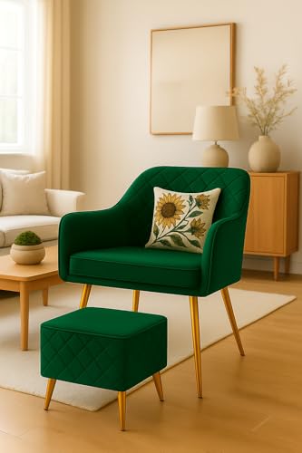 CHAIR DECOR Velvet Accent Chair with Matching Pouffe & Floral Cushion | Modern Upholstered Armchair with Gold Metal Legs | Lounge Chair for Living Room, Bedroom, Office, Guest Room (Green Diona)