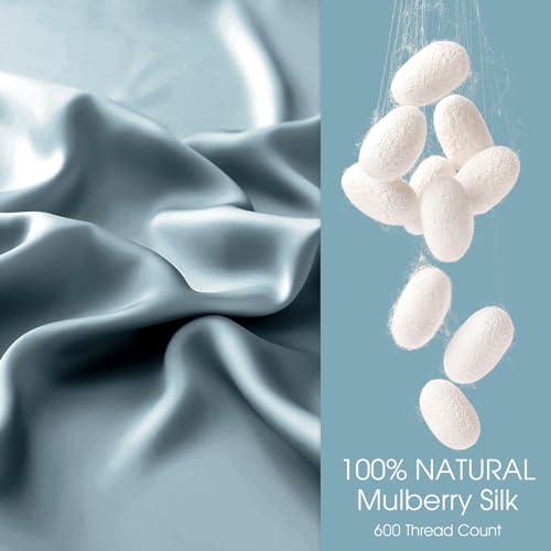 Image of 100% Silk Pillow Cases 2 Pack Queen Size Mulberry Silk Pillowcase for Hair and Skin Set of 2 Highest Grade 6A Silk Soft Breathable Cooling with Hidden Zipper, Grey Blue