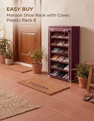 Image of EASY BUY Economy Shoe Rack for Home with Cover Maroon, Plastic Rack 6 Shelves with Zip Door Cover & Side Pocket, Dustproof Storage Organizer for Footwear, Toy, Shoe Rack Plastic, Slipper Stand