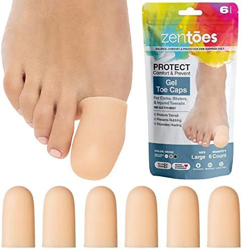 ZenToes 6 Pack Gel Toe Cap and Protector – Cushions and Protects to Provide Relief from Missing or Ingrown Toenails, Corns, Blisters, Hammer Toes (Large, Beige)