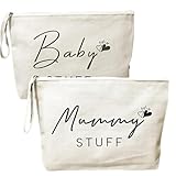 2 Pcs New Mum Gifts Mum to Be Gifts Personalised Baby Shower Gifts Bag White Canvas Makeup Bag Pouch with Zipper Pregnancy Pamper Gift New Baby Gifts for Pregnant Women