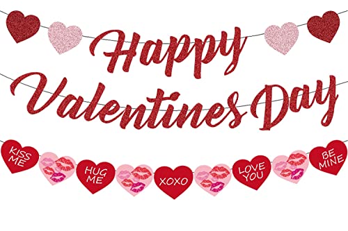 Image of FestikoHappy Valentines Day Banner, Valentines Day Decoration-Red Pink Glitter, Valentines Day Banner,Conversation Hearts Decor,Hearts Garland Banner, Valentines Garland,Candy Hearts Decorations