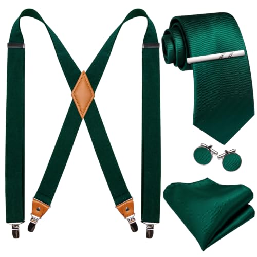 Image of Barry.Wang Men Suspender Set with Necktie Elastic Y Type Heavy Duty 6 Clips Braces Tie Handkerchief Cufflink Pin 6PCS