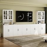 VOWNER Modularer 5PSC TV-Schrank, Fernsehschrank mit Glastüren & Bücherregalen für TV bis 75 Zoll, TV Ständer, Wohnzimmerschrank mit Kontrollfläche, 300 x 180 x 40 cm, weiß (5PCS)