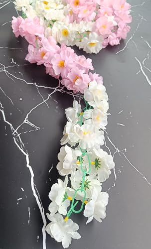 Image of VRB Dec 1 Pcs Artificial Flowers Vine Blossom /Roses Garland Fake (6 feet) Flowers Fabric Roses /Blossom Garland for Wedding Decor Diwali /Ganpati /Garden Wall Valentine (White & Pink Combo Blossom)