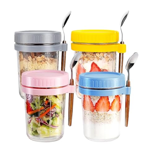 4-Pack 350ml Leakproof Mason Jars with Lids & Spoons, Overnight Oats Jars for Breakfast, Salad & Meal Prep, Airtight Glass Food Storage Containers