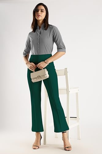Image of SWADESI STUFF Women's Bell Bottom Trousers - High Waisted Wide Leg Palazzo Pants | Stretchy Cotton Blend Retro Pants for Casual, Office, Party