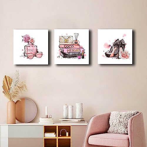 Image of Meetdeceny Pink Wall Art Fashion Woman Wall Decor Pictures Perfume High Heels handbag Artwork for teen girls room decor photos Decoration for Bathroom Bedroom Office 14 inchx14 inchx3