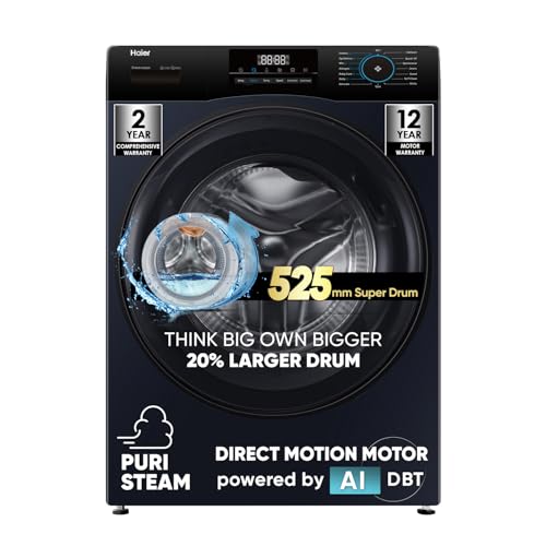 Image of Haier 9 Kg 5 Star Powered by AI-DBT with Direct Drive Technology, PuriSteam, 525mm Super Drum Fully Automatic Front Load Washing Machine (EFL90-DM14IBIEBK,In-Built Heater,Steel Drum,Black)