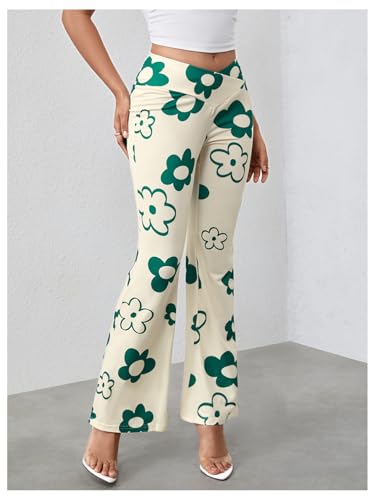 WDIRARA Women's Floral Print Flare Pants Crossover Elastic Waist Bell Bottom Trousers3
