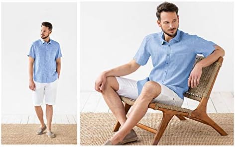Miniatura 5 de Camisas de manga corta con botones de lino para hombre, camisas casuales de verano de algodón con cuello abierto para la playa