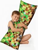 Miss Adola Kids Body Pillow Cover with Zipper - 20x54 Inch Long Silk Pillowcase for Kids Boys Girls Teens Soft Decorative Bed Large Cute Cartoon Body Pillow Sham for Hair and Skin, Green Brown Check