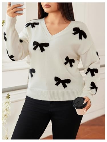Image of RoseSeek Women's Plus Size Bow Sweaters V Neck Long Sleeve Knit Pullover Tops Soft Knitwear