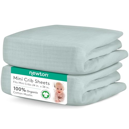 Image of Newton Baby Fitted Mini Crib Sheets (2-Pack) | Organic Muslin Cotton, Breathable & Soft Baby Sheets, Washable Baby Mattress Sheets, Fits Mini Crib Mattresses 24 inch x 38 inch, Sage