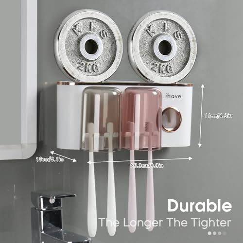 iHave Toothbrush Holders Bathroom Decor with Toothpaste Dispenser, 2 Cups Toothbrush Holder Wall Mounted Bathroom Accessories
