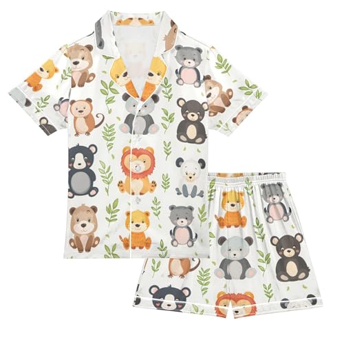ALAZA Bear Lion Pajamas Satin Pajama Set Short Sleeve Button Down Sleepwear