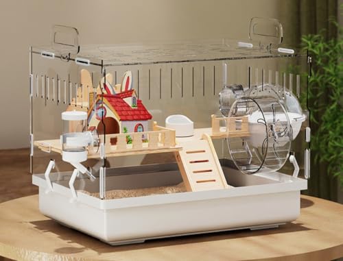 MLTUN MAKAN 高級ハムスターケージ 透明アクリルハムスターケージ 2階建て木製ハウス トンネル遊び場 フィーダーセット付き 取り外し可能なコンポーネント (A)