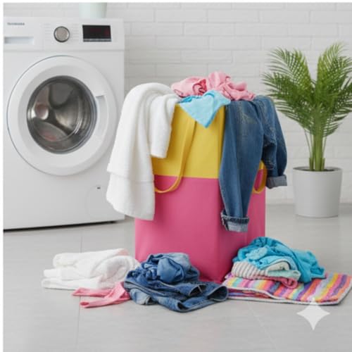 Image of Extra Large Laundry Bag 75 Liter, Foldable Fabric Laundry Basket with Lid & Carry Handles for Clothes Storage (2, pink blue)