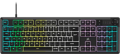 Corsair K55 Core RGB Teclado de Membrana con Cable para Juegos – QWERTY español – Interruptores Silenciosos y Sensibles – Resistente a Salpicaduras – RGB de Diez Zonas – PC, Mac –Negro