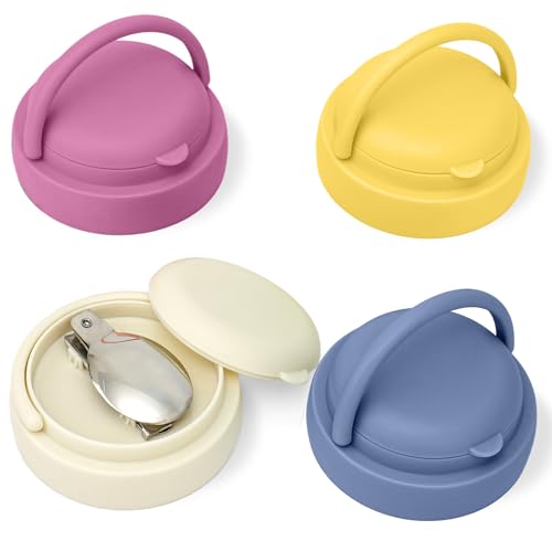 Overnight Oats Jar Lids with Foldable Spoon, 4-Pack Wide Mouth Mason Jar Replacement Lids with Handle, Leak-Proof, BPA-Free, Dishwasher Safe - Lids Only (Cream, Dark Blue, Yellow, Purple)
