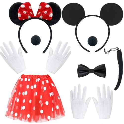 BITOWO - Costume de Mini Souris pour Femme Adulte - Minnie Mouse - Ensemble de Costume de Carnaval avec Oreilles, Serre-tête, Jupe, Nez, Gants, Queue et Nœud - Taille Unique - Rouge - Polyester