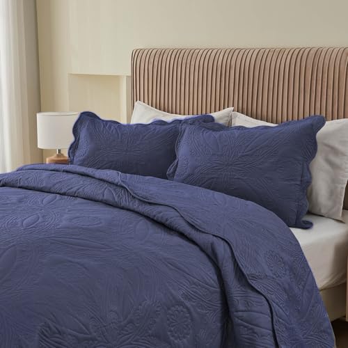 Image of Kingnex King Size Bedspread Soft Lightweight Quilted Coverlet Set 3 Pieces 1 Quilt 2 Pillow Shams Blue