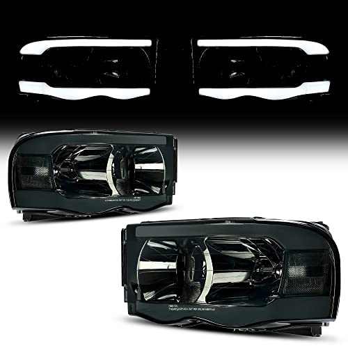 Image of oEdRo LED DRL Headlights Headlamps Compatible with 2002-2005 Dodge Ram 1500 /03 04 05 Dodge Ram 2500 3500 Pickup Smoke Lens