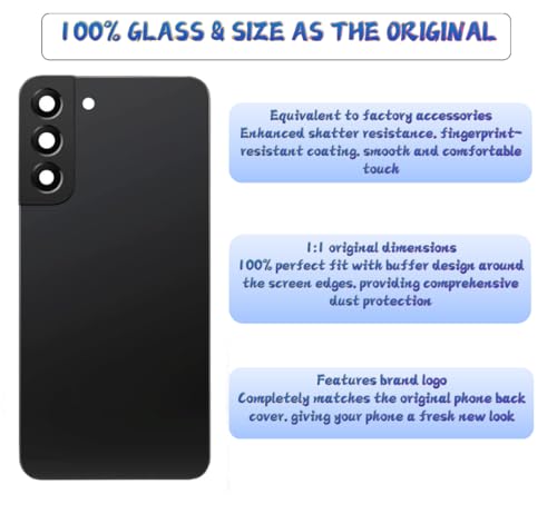 Image of Galaxy S22 Rear Back Cover Replacement with Pre-Installed Camera Lens+Tools+Pre-Adhesive for Samsung Galaxy S22 SM-S901 All Carriers (Black)