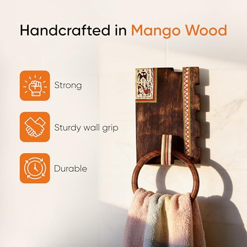 Image of Aakriti Art Creations Warli Art Mango Wood Towel Holder | Warli Melody | Handcrafted Wooden | Matte Finish Brown Wall Mounted Towel Holder for Bath & Wash Area