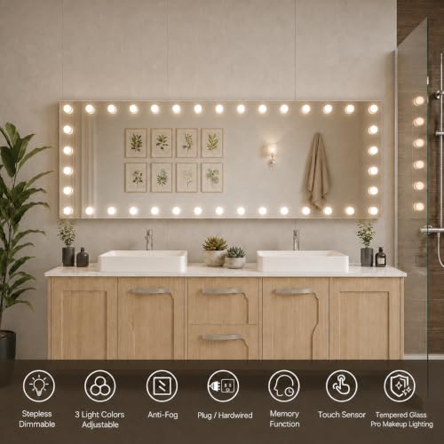 Image of WTTY 84 inchx32 inch Hollywood Vanity Mirror with Lights, Wall-Mounted Makeup Mirror with 3 Color Temperatures, Stepless Dimmable Bulbs, Anti-Fog & Shatter-Proof