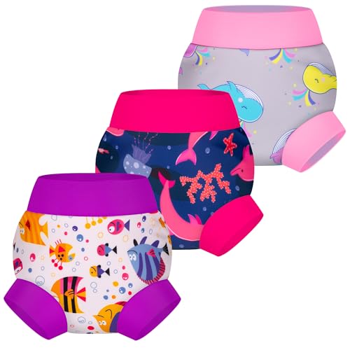 BIG ELEPHANT Baby Swim Diapers 3-Pack Reusable Waterproof Swim Pants for Boys and Girls Soft Breathable Swimwear for Pool