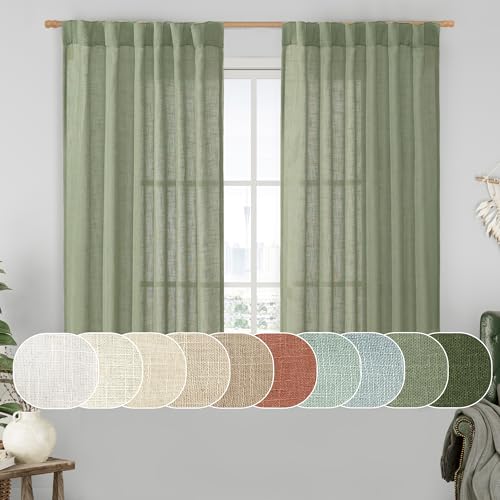 LAMIT Semi Sheer Linen Curtains 45 Inches Long 2 Panels, Sage Green Light Filtering Panels Back Tab and Rod Pocket Neutral Drapes for Kitchen/Window/Bedroom, 52 x 45 Inch