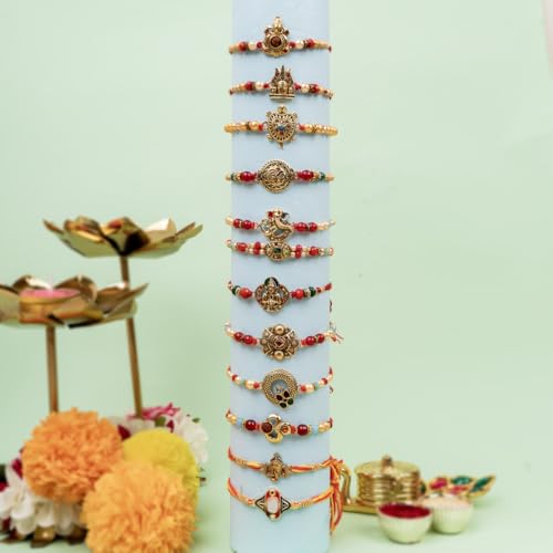 Image of Traditional Handmade Rakhi For Brothers | Designer Rudraksha, Pearl, & Beaded Wrist Bands| Thread Rakhi For Bhaiya, Bhabhi | Elegant Handcrafted Bracelet For Raksha Bandhan - Set Of 12
