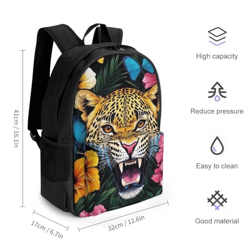 Supdreamc Polyester Daypack for Camping Travel Walking Cycling - Big Capacity Anti-Theft Multipurpose Bookbag, Jungle Florals Cheetah Leopard Print Camping Outdoor Backpack2