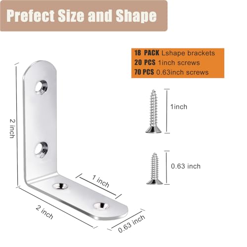Image of 18-Pack L Shape Corner Brackets, Stainless Steel Metal Angle Braces for Wood Furniture, Heavy Duty Black 2 inch Shelf Bracket with Long Screws for Household Project (L Shape Silver)