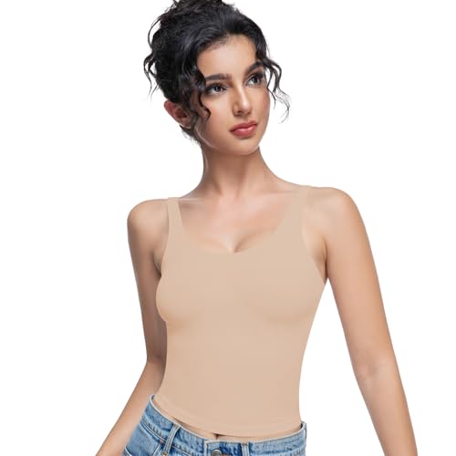 Yuiseaik Women's Square Neck Tank Top Sleeveless Double Lined Basic Crop Tops Summer Going Out Outfits (US, Alpha, Medium, Regular, Regular, Nude)