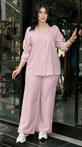 Image of Women's Solid Color Two-Piece Set | Long Sleeve Top & Wide Leg Pants Co-ord Set | Casual Wear Co ord Set
