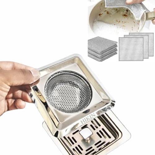 Image of Stainless Steel Kitchen Sink Strainer (Square-Jali+DISHWASH-Cloth)
