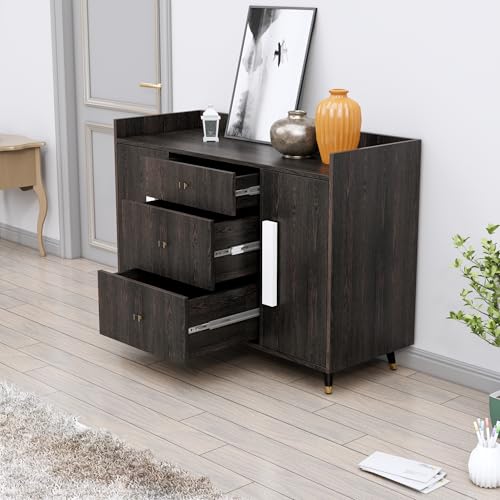 Image of Bniture Wooden Sideboard Cabinet for Living Room | Wooden Storage Cabinet with 2 Door & 3 Drawer | Engineered Wood Multipurpose Cabinet with Spacious Shelves for Home & Office | Flower Wenge
