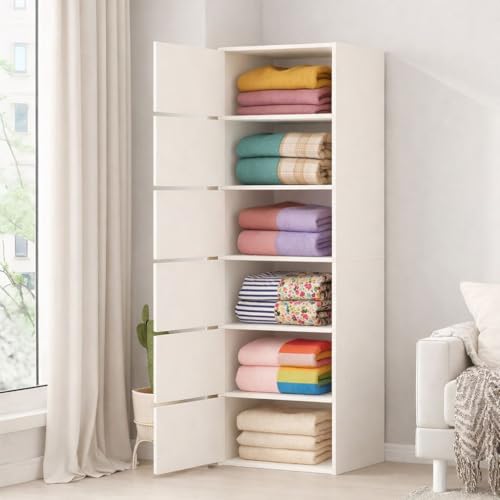 LERIMO Wooden Wardrobe Almirah for Bedroom & Kids – 6 Door Clothes Storage Cupboard | Wooden Wardrobe Cabinet for Clothes, Toys & Accessories | Modern Storage Almirah (White, 6-Layer)