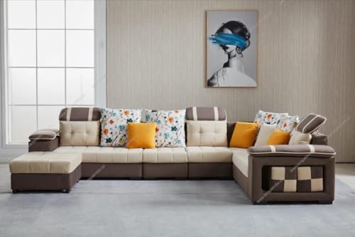 Image of Bristol 12 Seater Sofa Set for Living Room (Beige-Brown) | Interchangeable U Shape Sectional Sofa | Solid Wood Frame & High-Density Supersoft Foam | Includes Puffy & Stool | Modern Home Furniture