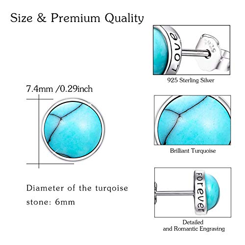 925 Sterling Silver Turquoise Studs Hypoallergenic Earrings for Sensitive Ears with Romantic "Forever" "Love" Engraving, Turquoise Jewelry Mother Day for Women Girlfriend-4MM 6MM4