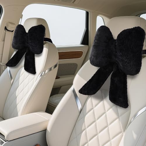 iHUFeather 2 Pack Bow Car Headrest Pillows Plush Car Neck Pillows for Travel Driving Office Chair Head Support Cushions Also Cute Car Decor Accessories (Black)
