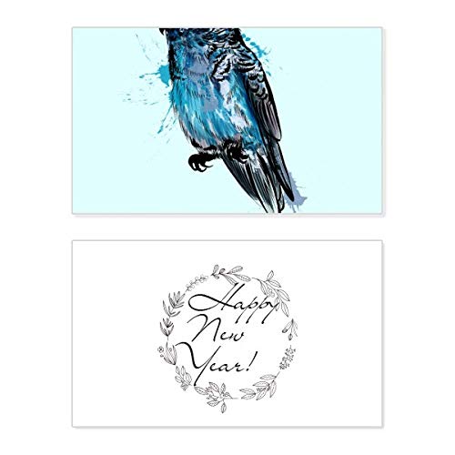 Tarjeta de Año Nuevo con diseño de loro en negro y azul para felicitar las fiestas