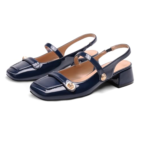Image of Slingback Mary Jane Heels for Women Low Block Heel Closed Square Toe Pump Shoes Heels Classic Daily Office Dressy Shoes