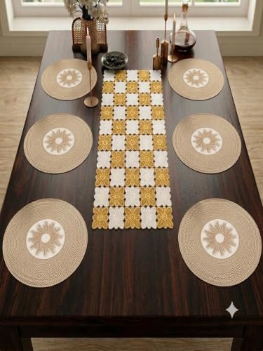 Image of Dakshya Industries PVC Waterproof Round Table Placemats & Table Runner Combo | 6 Round Mats (38 x 38 cm) + 1 Runner (91 x 33 cm) | Heat Resistant, Washable, Non Slip (Magnora)