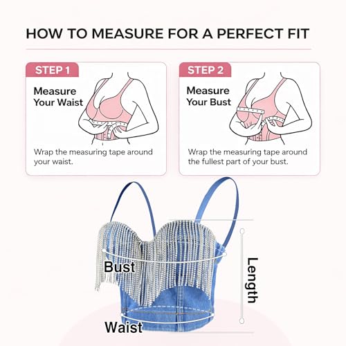 ELLACCI Women's Tassel Rhinestone Denim Bustier Crop Top Jean Corset Top Bra Blue