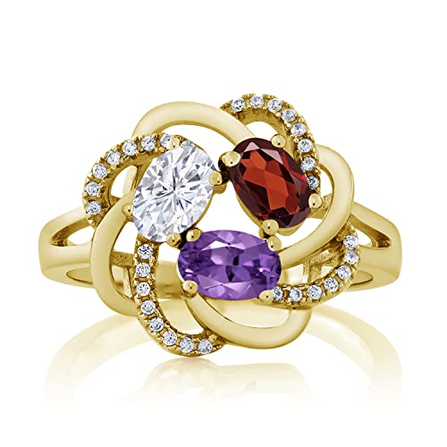 Gem Stone King 18K Yellow Gold Plated Silver Promise Customized and Personalized 3 Gemstone Birthstone For Her Engagement Flower Blossom Name Engraved Ring For Women3