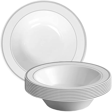 White Plastic Soup Bowls with Silver Rim Cover