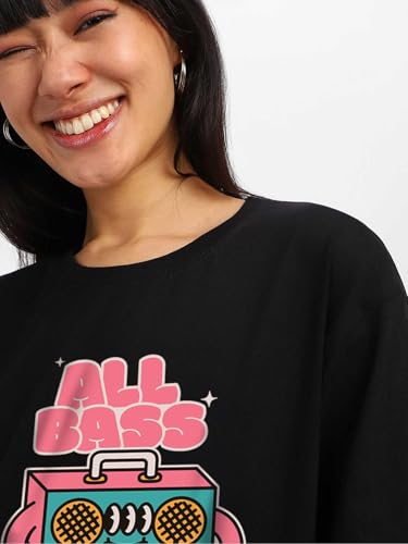 Image of JUNEBERRY 100% Pure Cotton Oversized Loose Fit Half Sleeve Cool Front Chest Graphic Printed Round Neck Drop Shoulder T-Shirt for Women S to 2XL